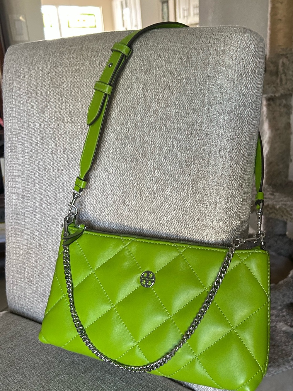 Tory Burch Willa Quilted Zipper Shoulder Bag with Chain Accent